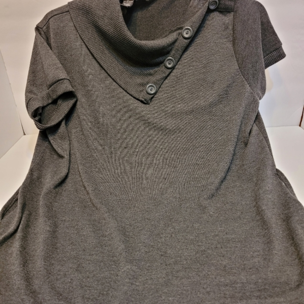 Joujou Cowl‎ Neck Sweater Women 2X Grey Excellent Button Detail Short Sleeve Top